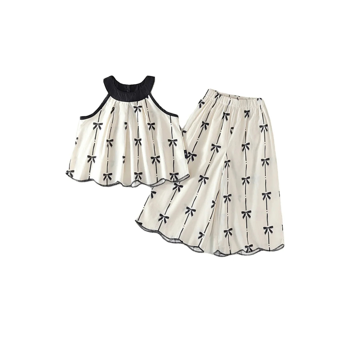 2026 LY New Girls' Stylish Cotton Bow Print Summer New Halter Neck Top and Wide-Leg Pants Two-Piece Set