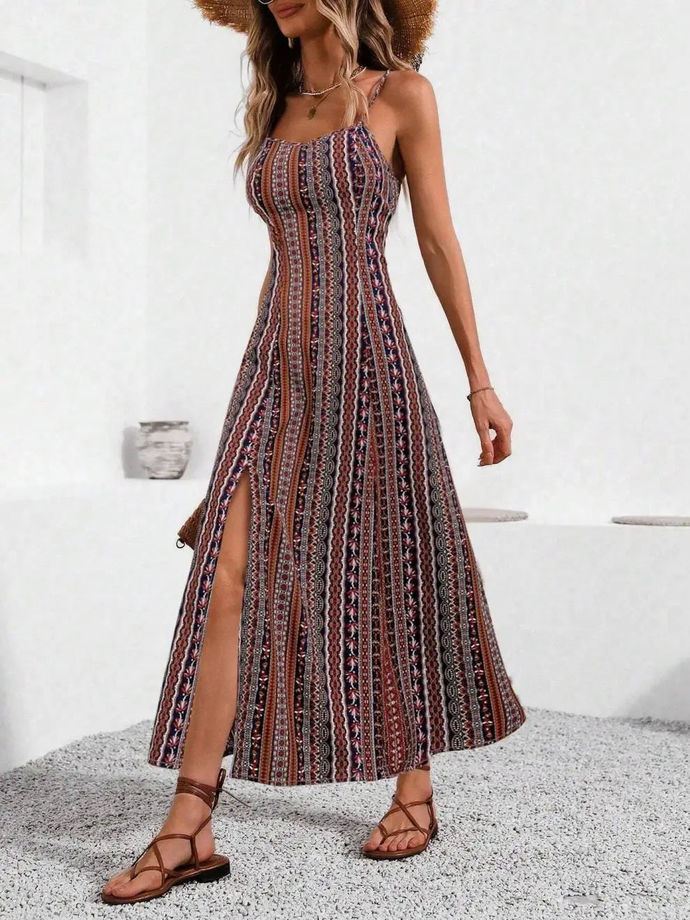 European American Women's Fashion Bohemian Style Dress Long Strap Slim Fit Split Design Solid Pattern
