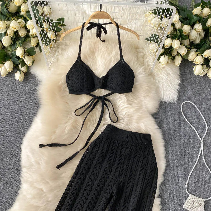SINGREINY Women Summer Design Knitted Set Sexy Backless Halter Short Tops+Chic Hollow Knitted Wide Leg Long Pants Two Piece Suit