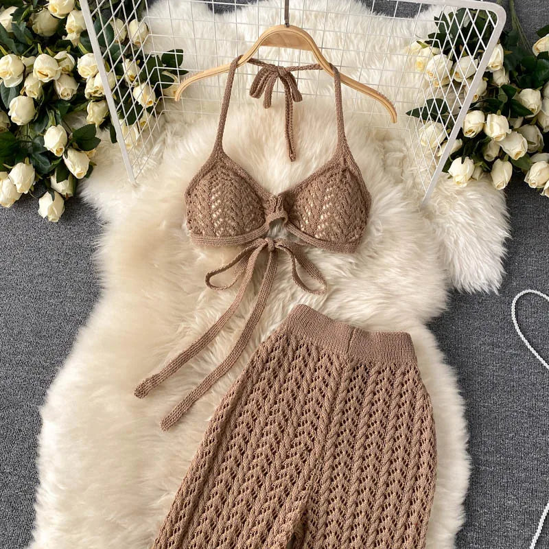 SINGREINY Women Summer Design Knitted Set Sexy Backless Halter Short Tops+Chic Hollow Knitted Wide Leg Long Pants Two Piece Suit