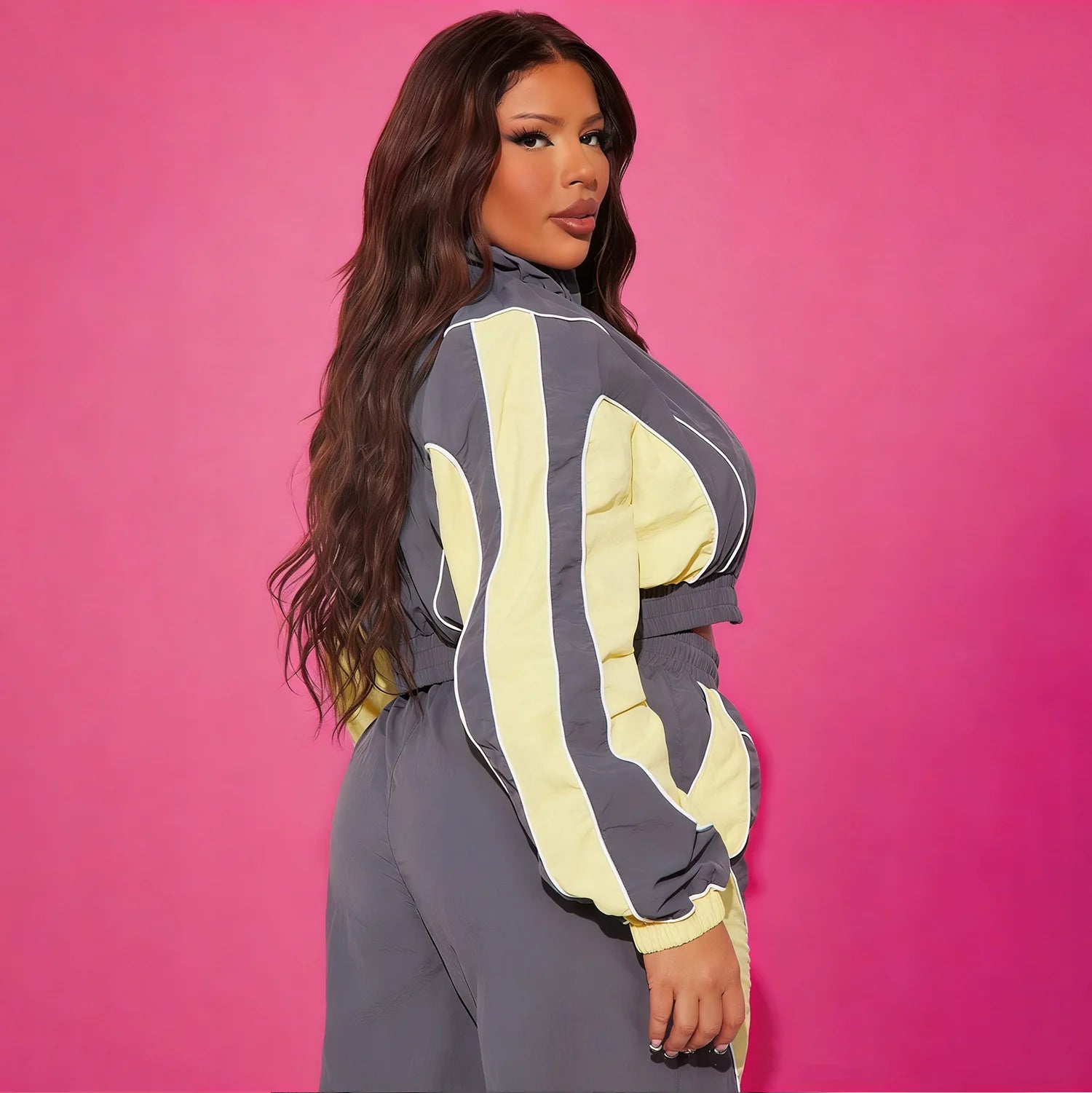 Women Color Block Patchwork Zipper Top and Pants Street Breeze Windbreaker Track Set Two-Piece Set