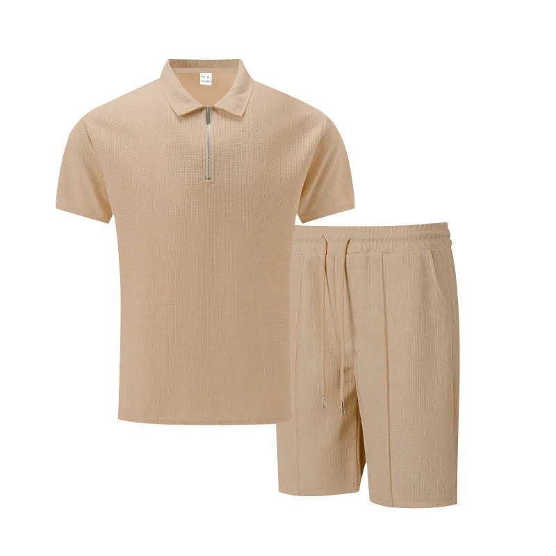 Summer Cross-Border Men's New Waffle-Weave Rhinestone Zipper Solid Color Lapel Short-Sleeve T-Shirt Shorts Casual Set 100%