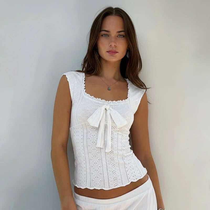 Sweetheart Square Neck Women's Solid Eco-Friendly Breathable Quick Dry Knitted Lace Bow Tie Bustier Hollow Jacquard Detail