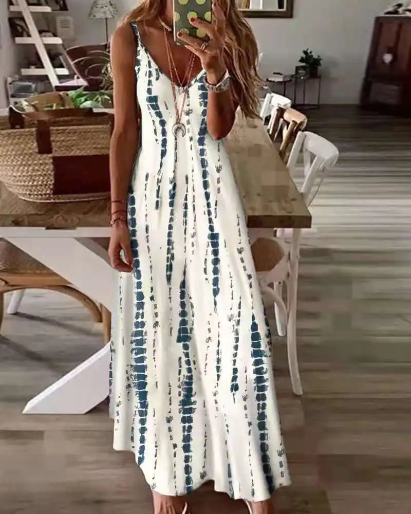 Women's Bohemian Casual Dress with Tie-Dye Print Large Flare & Slip Strap for Vacation Slip-On Style