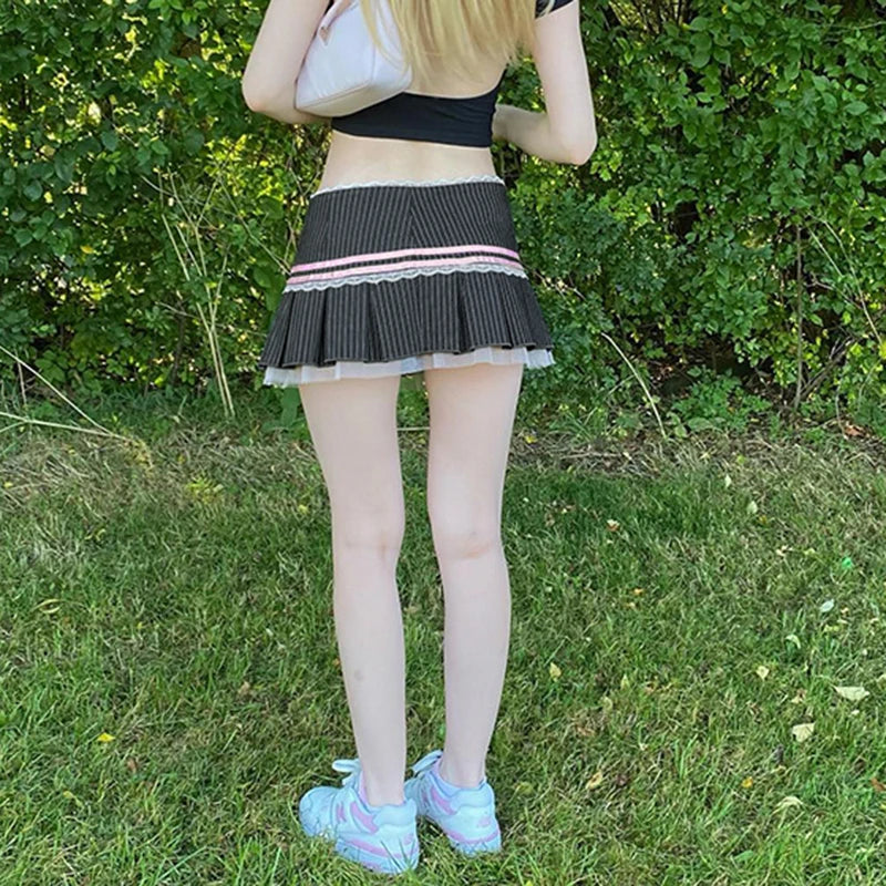 Sweet Low Rise Pleated Skirt Attached Shorts | Girly Style Featuring Lace Bow Striped Color Block | Mini Skirt Spring