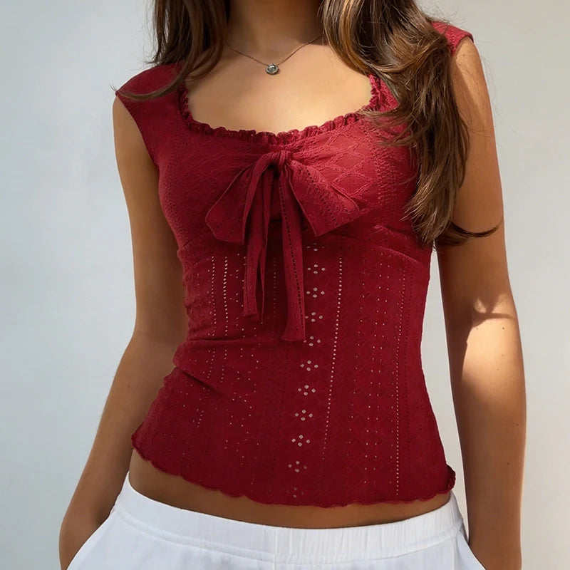 Z-2941 Women's Burgundy Square Neck Tie Front Lace Knit Top Sleeveless Slim Fit Breathable Elegant Summer Fashion Vest 2026 New