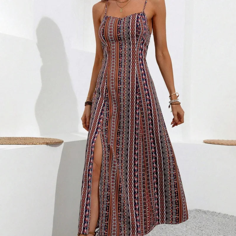 European American Women's Fashion Bohemian Style Dress Long Strap Slim Fit Split Design Solid Pattern