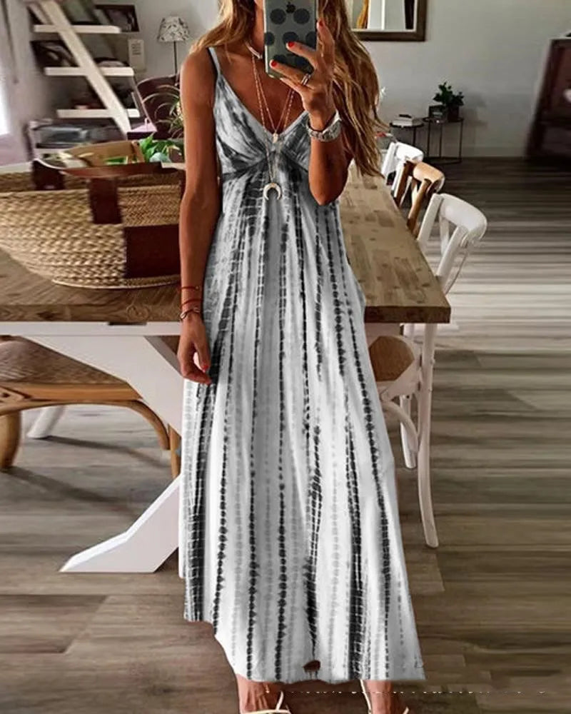 Women's Bohemian Casual Dress with Tie-Dye Print Large Flare & Slip Strap for Vacation Slip-On Style