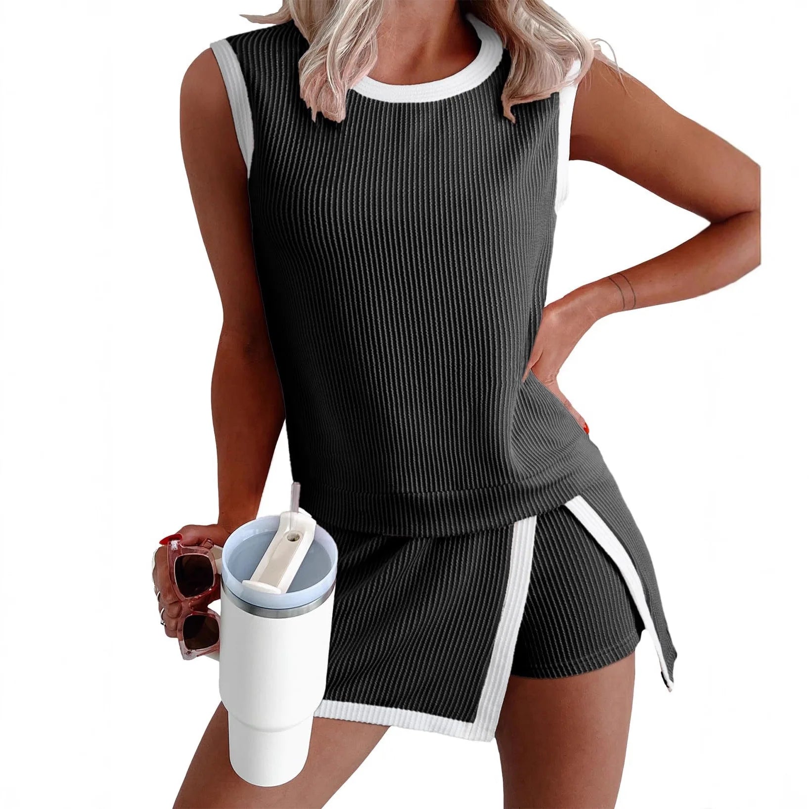 BR6314 Women's Clothing New Summer Fashion Casual Set Striped Sleeveless T-shirt Three-quarter