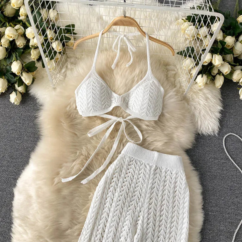 SINGREINY Women Summer Design Knitted Set Sexy Backless Halter Short Tops+Chic Hollow Knitted Wide Leg Long Pants Two Piece Suit