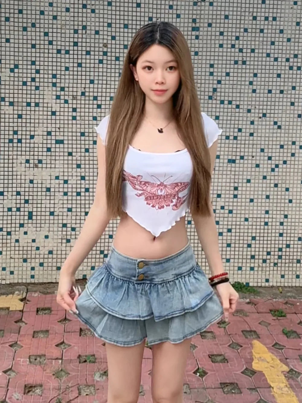 6689# Shibuya Gyaru New Sexy & Cute Pleated Summer Cake-Style Denim Mini Skirt Girls Cleverly Revealing