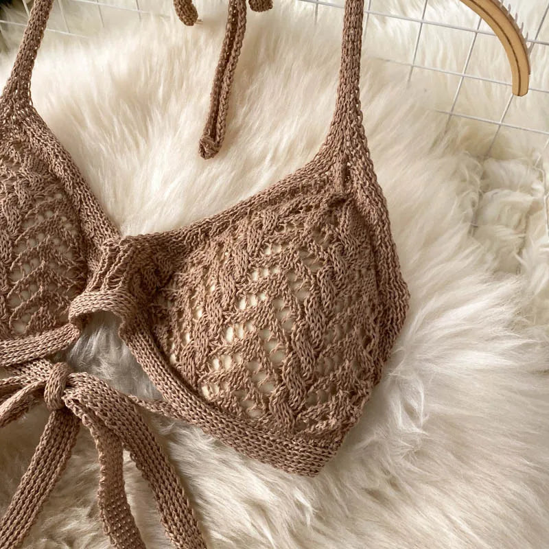 SINGREINY Women Summer Design Knitted Set Sexy Backless Halter Short Tops+Chic Hollow Knitted Wide Leg Long Pants Two Piece Suit