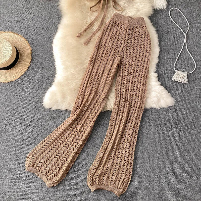 SINGREINY Women Summer Design Knitted Set Sexy Backless Halter Short Tops+Chic Hollow Knitted Wide Leg Long Pants Two Piece Suit