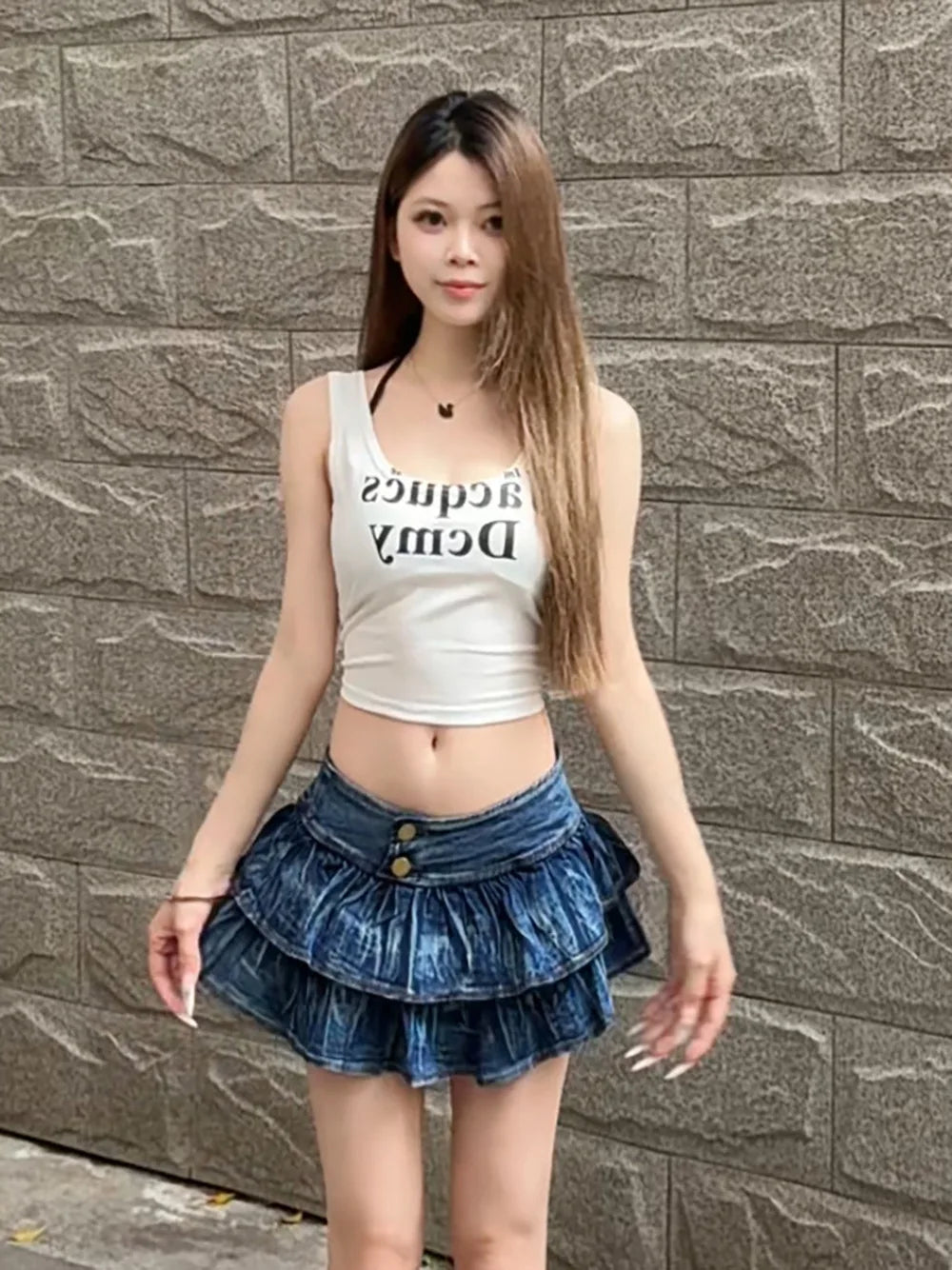 6689# Shibuya Gyaru New Sexy & Cute Pleated Summer Cake-Style Denim Mini Skirt Girls Cleverly Revealing