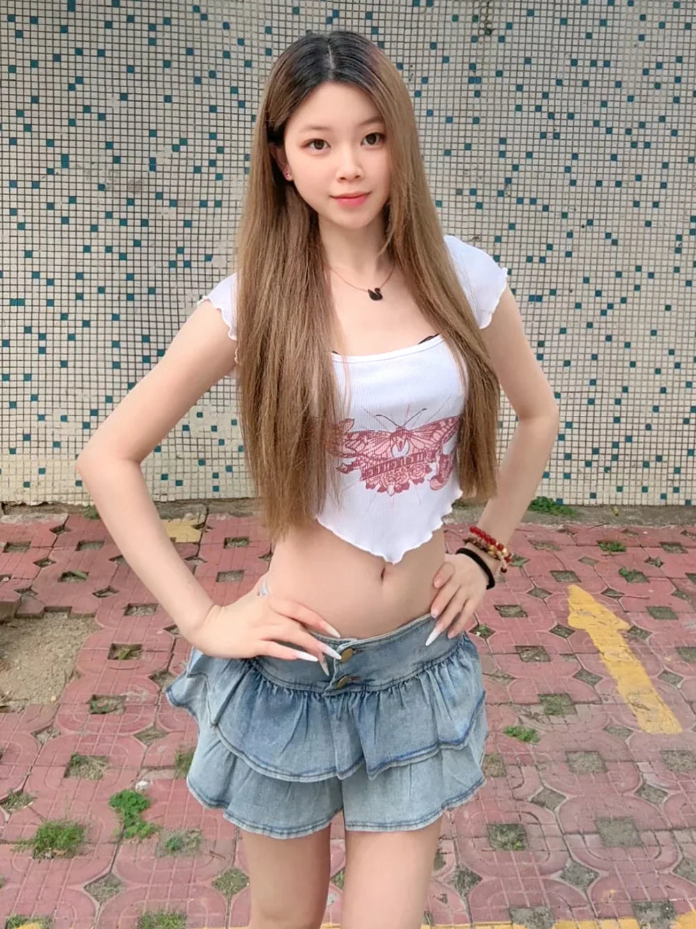6689# Shibuya Gyaru New Sexy & Cute Pleated Summer Cake-Style Denim Mini Skirt Girls Cleverly Revealing