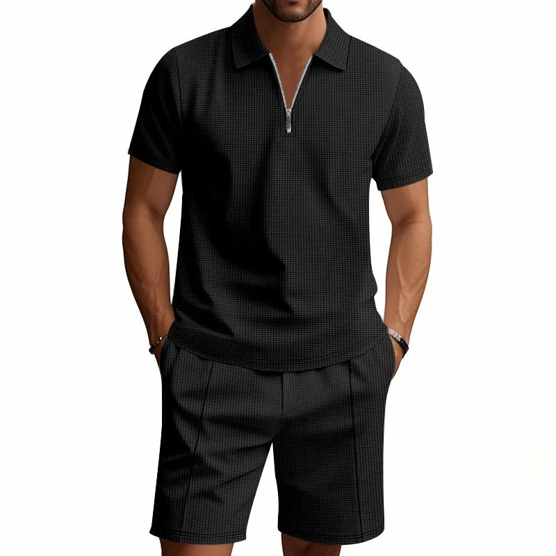 Suit Short-Sleeved Shorts Men's Summer Versatile Waffle Solid Color Casual Loose Lapels T-shirt Suit