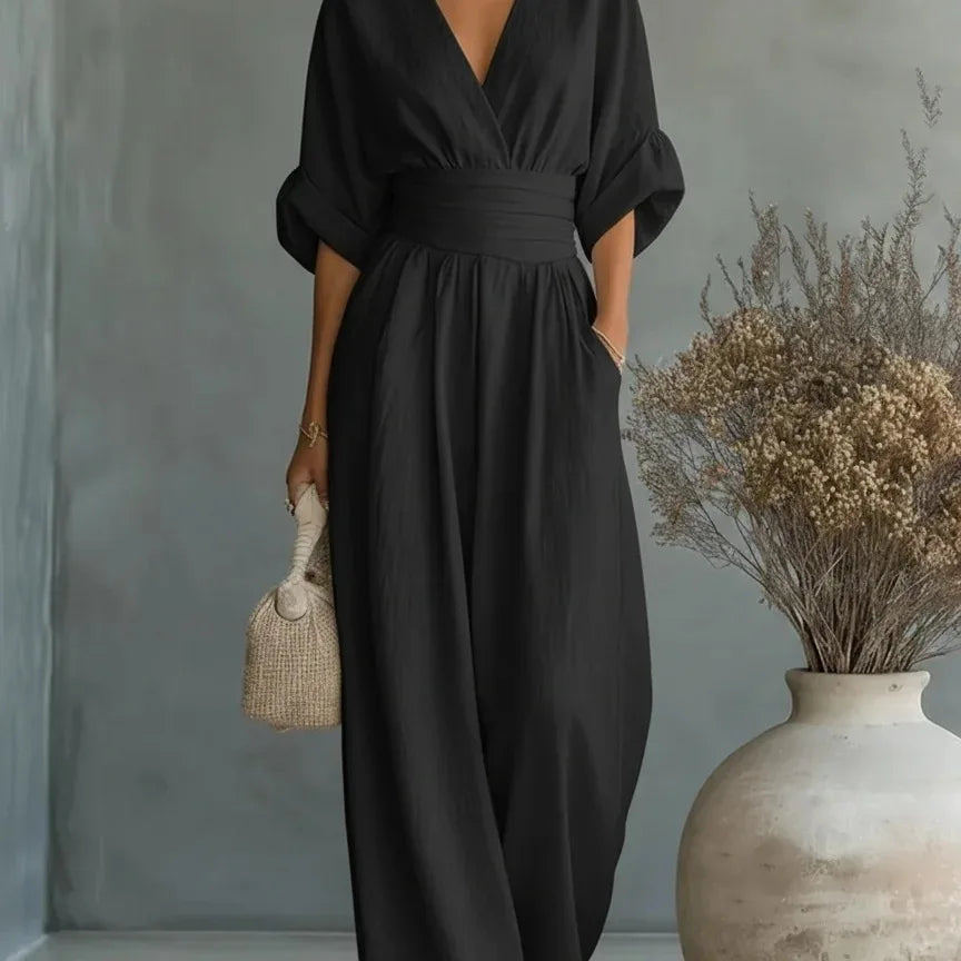 Manufacturer Wholesale Spring Summer New Elegant Pleated High Waist V-neck Breathable Women's Jumpsuit