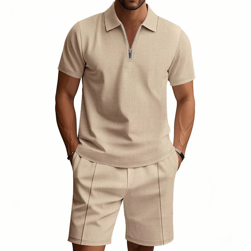 Suit Short-Sleeved Shorts Men's Summer Versatile Waffle Solid Color Casual Loose Lapels T-shirt Suit