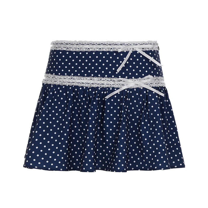 Sweet Polka Dot Women's Natural Waist A-line Mini Skirt Lace Trim Ruched Patchwork Cute Summer Washable Knitted