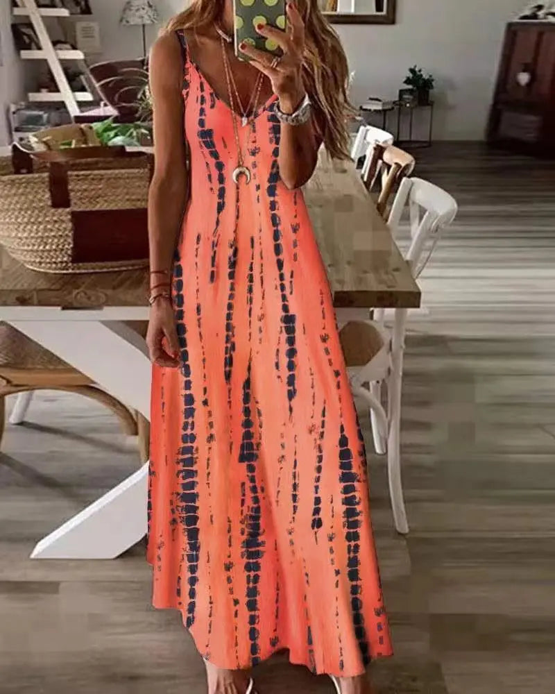 Women's Bohemian Casual Dress with Tie-Dye Print Large Flare & Slip Strap for Vacation Slip-On Style