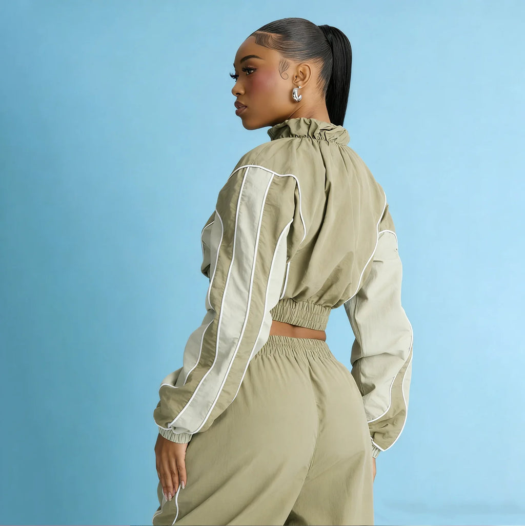 Women Color Block Patchwork Zipper Top and Pants Street Breeze Windbreaker Track Set Two-Piece Set