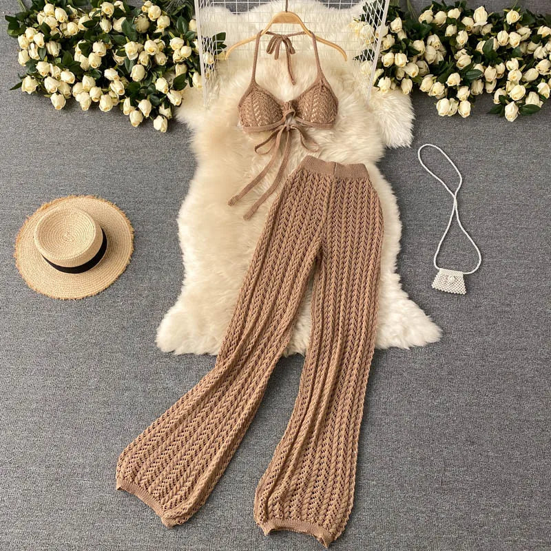 SINGREINY Women Summer Design Knitted Set Sexy Backless Halter Short Tops+Chic Hollow Knitted Wide Leg Long Pants Two Piece Suit