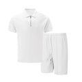 Summer Cross-Border Men's New Waffle-Weave Rhinestone Zipper Solid Color Lapel Short-Sleeve T-Shirt Shorts Casual Set 100%