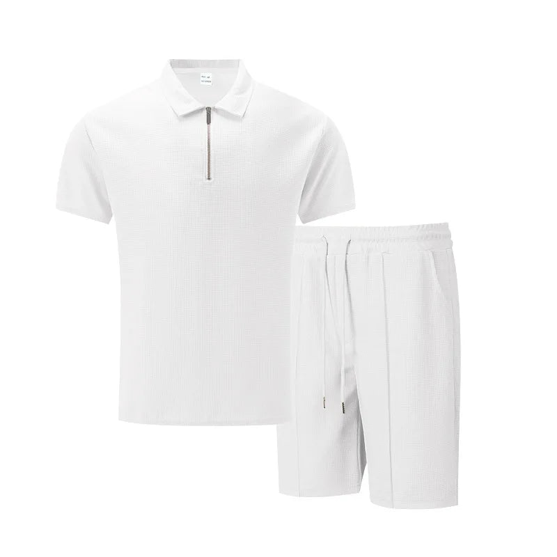 Summer Cross-Border Men's New Waffle-Weave Rhinestone Zipper Solid Color Lapel Short-Sleeve T-Shirt Shorts Casual Set 100%