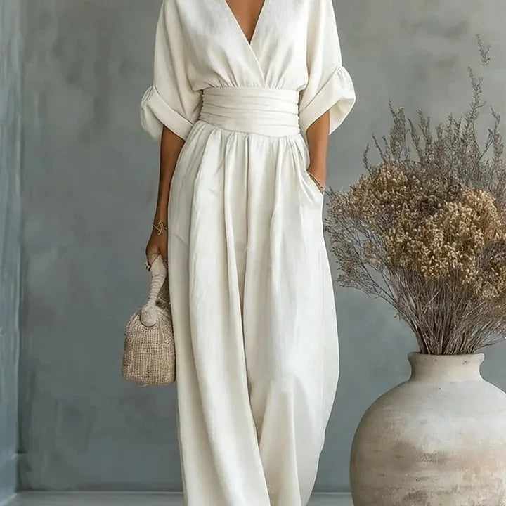Manufacturer Wholesale Spring Summer New Elegant Pleated High Waist V-neck Breathable Women's Jumpsuit