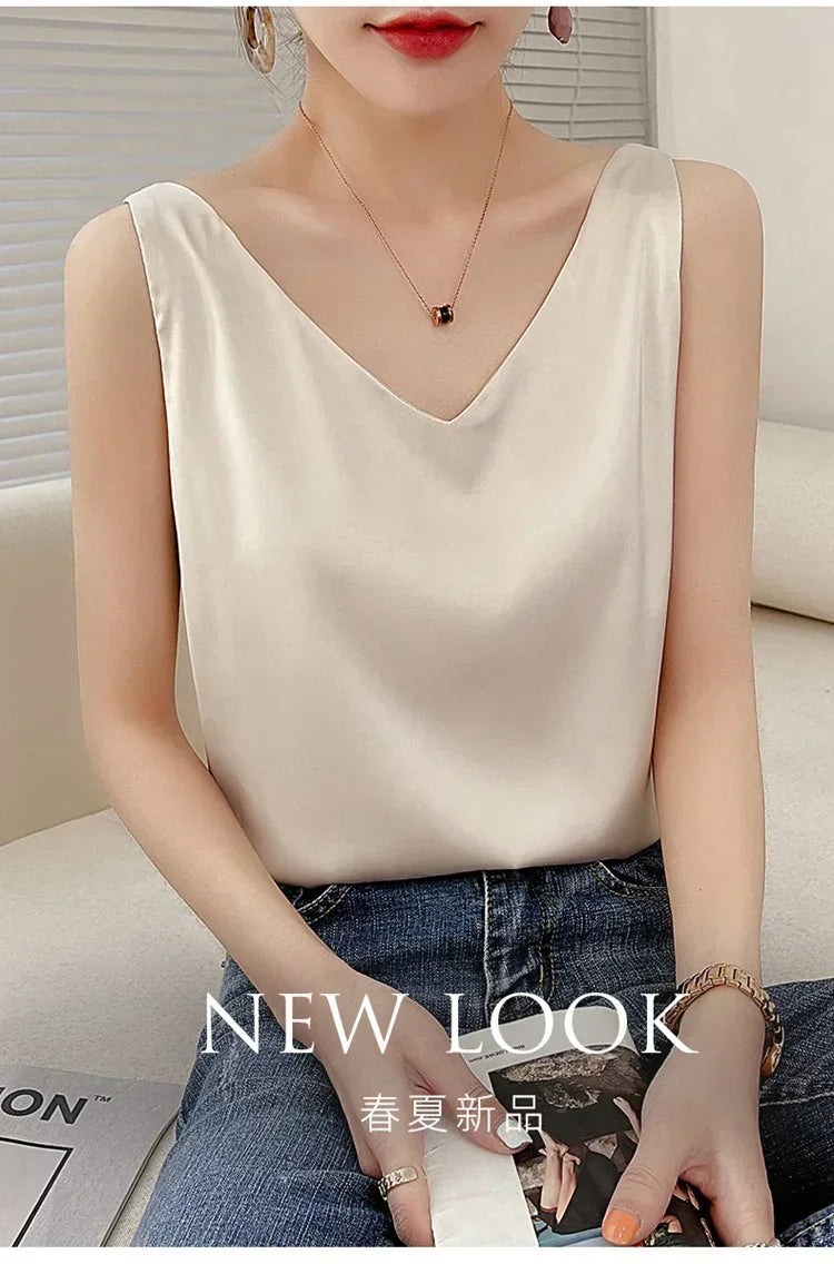Summer New Silk Top Special Offer Sexy Strap Women's V-neck Printed Letter Tank Top Korean Fashion Solid Color Thin T-shirt