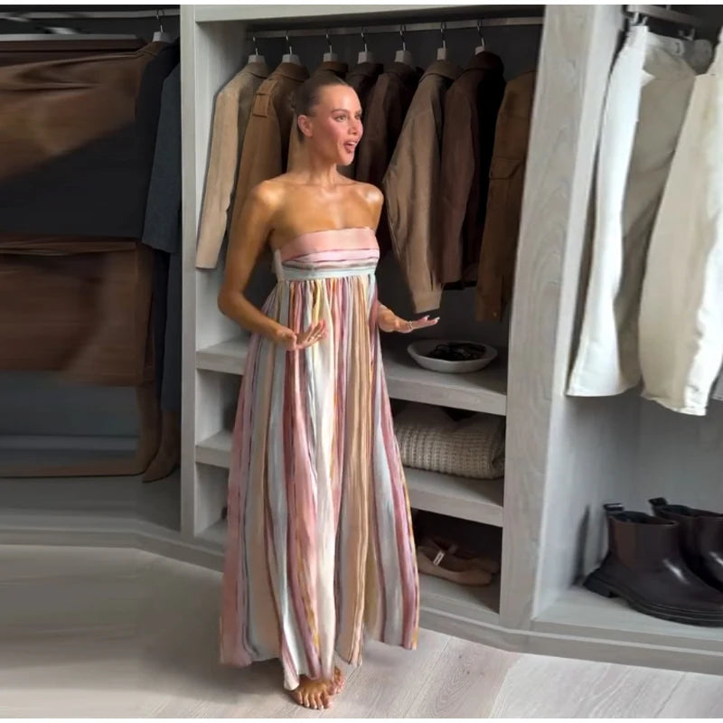 Women's Striped Shirt and Pleated Maxi Skirt Set