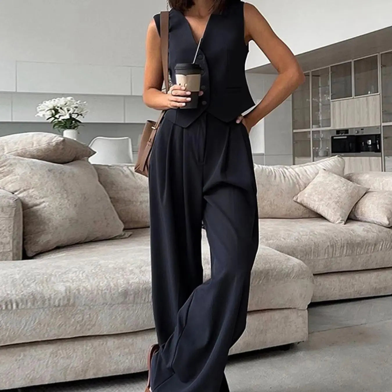 Fashion suit vest, vest, vest, wide leg pants, casual suit, new professional versatile business style two-piece set