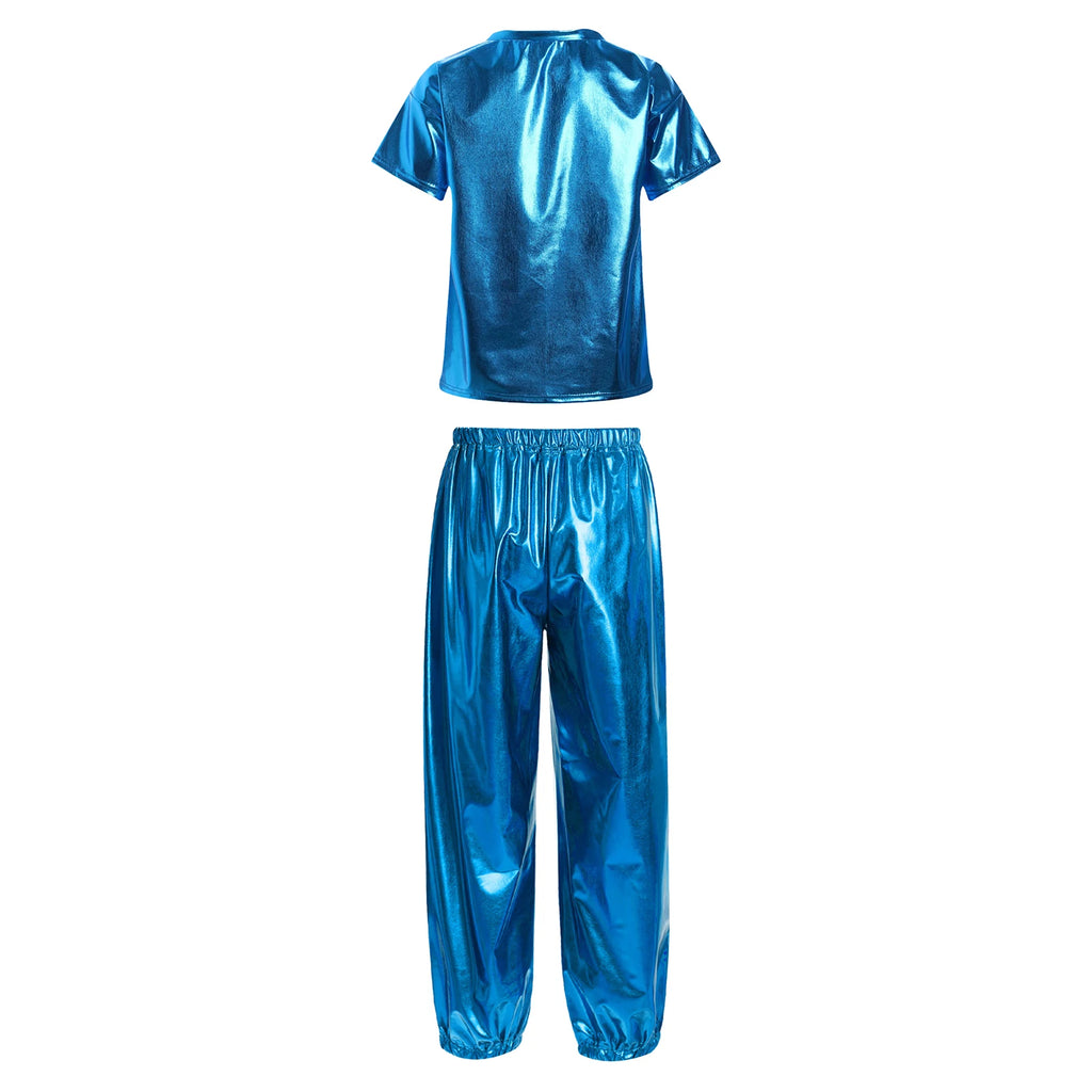Kids Girls Boys Fashion Clothes Set Metallic Shiny T-shirt with Pants Suit for Jazz Hip Hop Street Dance Performance Costume