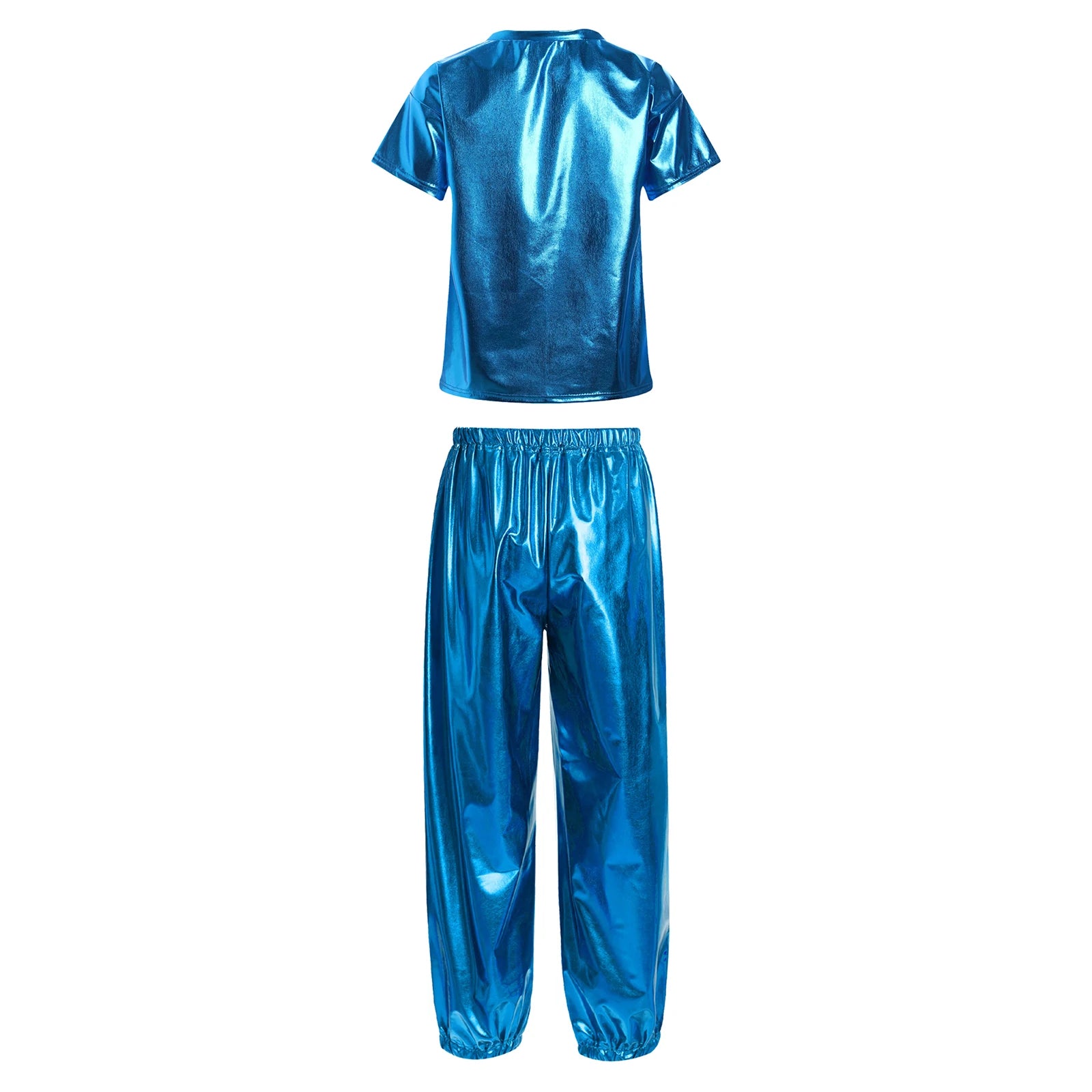 Kids Girls Boys Fashion Clothes Set Metallic Shiny T-shirt with Pants Suit for Jazz Hip Hop Street Dance Performance Costume