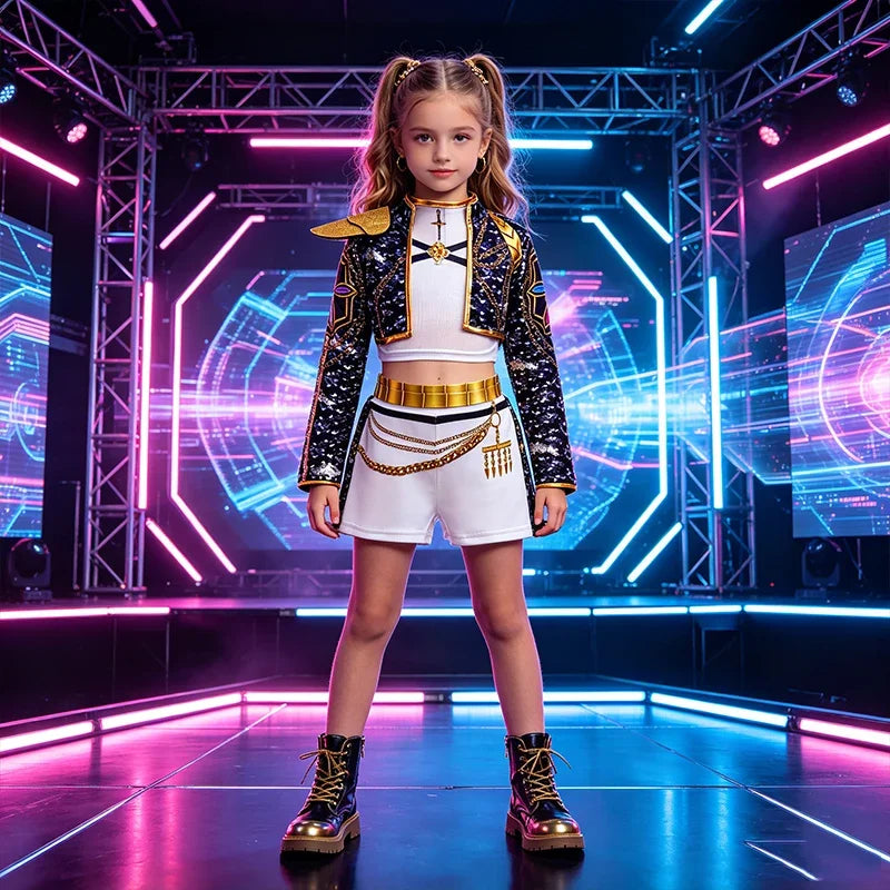 Girls Sequin Hip Hop Dance Outfit Set Crop Top Jacket Shorts with Purple Braid Wig Kids Jazz Stage Costume