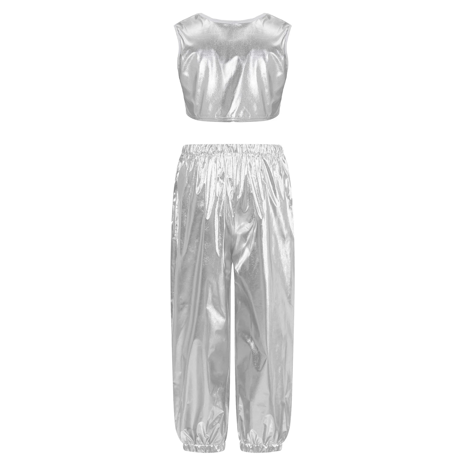 Kids Girls Boys Fashion Clothes Set Metallic Shiny T-shirt with Pants Suit for Jazz Hip Hop Street Dance Performance Costume