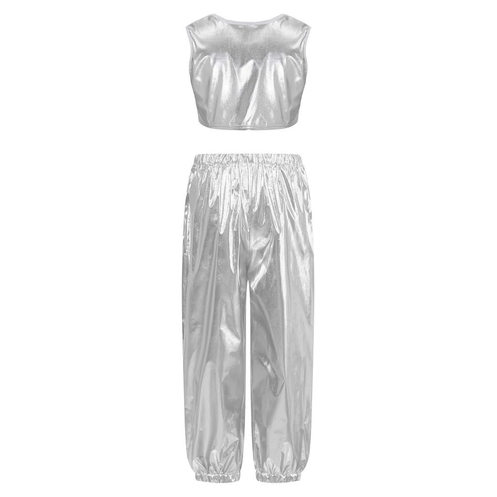 Kids Girls Boys Fashion Clothes Set Metallic Shiny T-shirt with Pants Suit for Jazz Hip Hop Street Dance Performance Costume