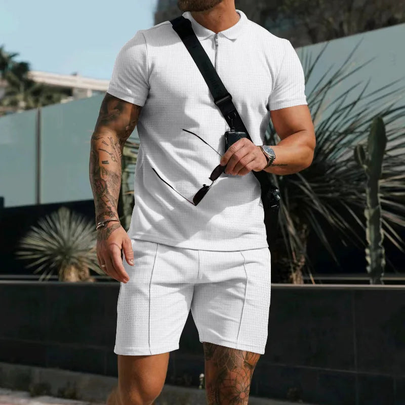 Summer New Men's Suit Fashion Printing Lapel Zipper 2 Piece Set Short-sleeved T-shirt and Shorts Sportswear Beach Suit