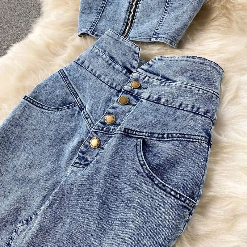 Women's Denim Top and Midi Skirt 2-Piece Set