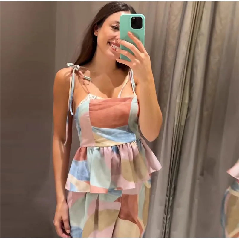 Women's Pastel Print Cami Top and Wide Leg Pants Set