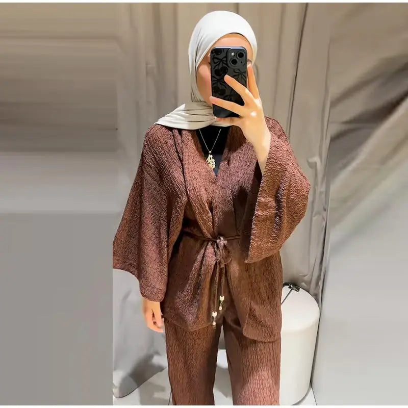Casual Pleated Cardigan Pants Set V-neck Drop Shoulder Flared Sleeves Belt Waist Shirt Wide Leg Pants 2026 Chic Lightweight Sets