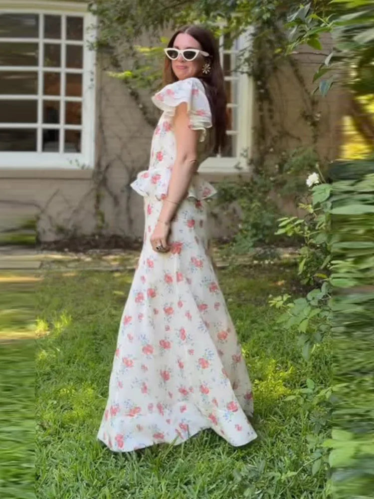 Women's Ruffle Top and Long Skirt 2-Piece Set