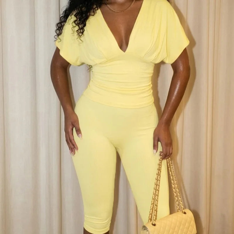 Joskaa Casual Solid 2 Piece Sets Women Sexy V-Neck Ruched Half Sleeve Top and Tight Cropped Pants Matching Tracksuits Streetwear