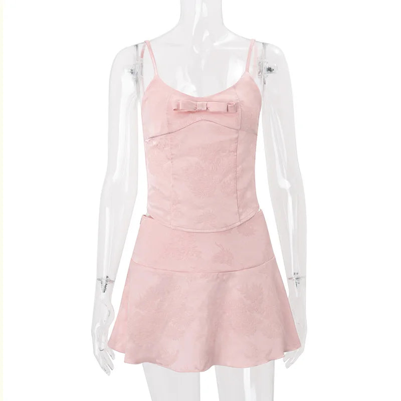 Women Skirt Set Spaghetti Strap Sleeveless Cinched Waist Corset Top High Waist Lace Hem Mini Skirt Slimming Chic Suit For Ladies