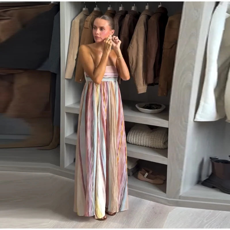 Women's Striped Shirt and Pleated Maxi Skirt Set
