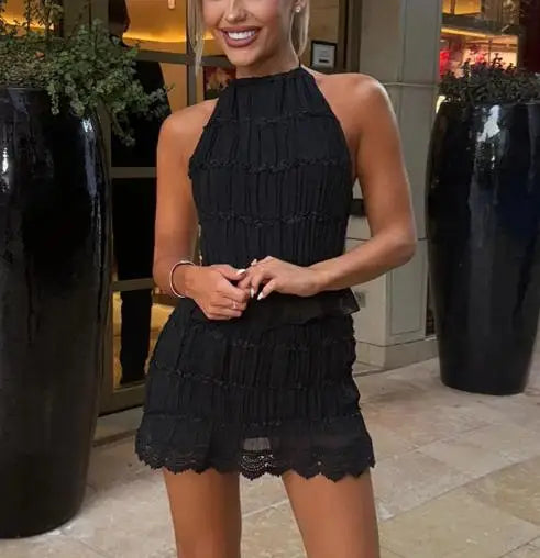 Women's Halter Ruffled Crop Top and Mini Skirt Set