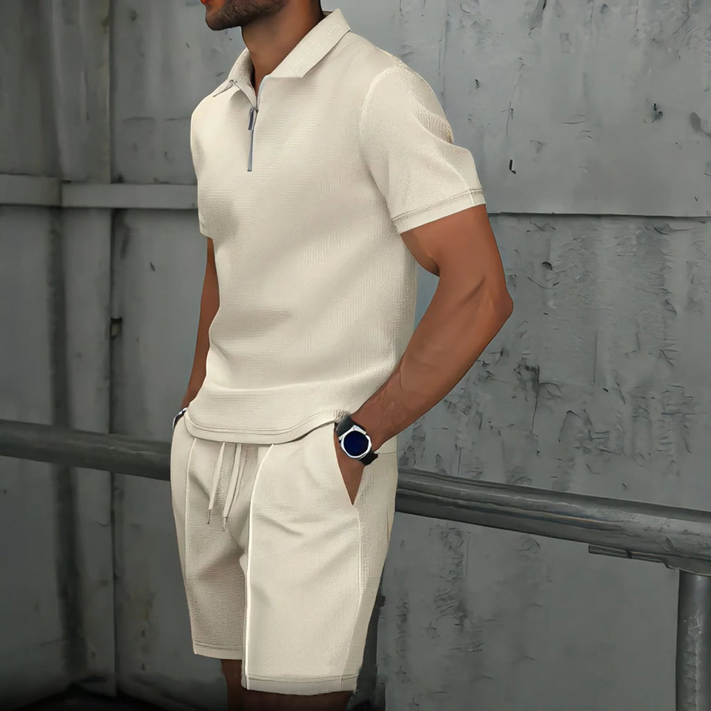 Men's Summer Waffle Short-Sleeve Suit Shorts Zip-Up Lapel Solid Color Two Sets Europe And US Style 2026