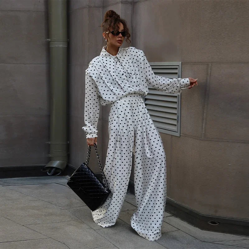 Women's Dot Shirt and Wide Leg Pants Set