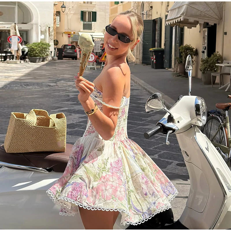 Floral Print Women Mini Skirt Set Lace Sleeveless Hollow Out Cami Shirred Waist Ruffle Hem Short Skirts 2026 Summer Chic Suit