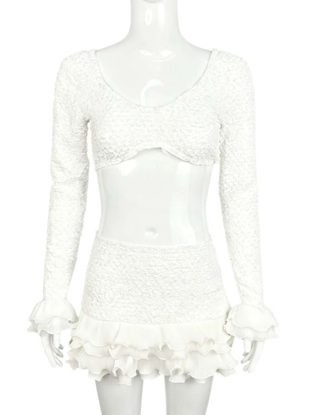 Women's White Ruffle Crop Top and Skirt Set